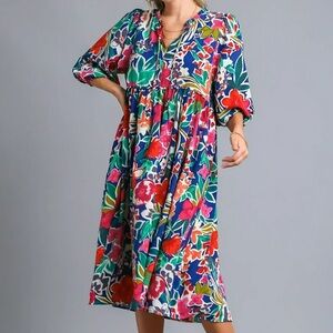 NWT UMGEE Bright Floral Print Midi Dress Drop Waist Womens S